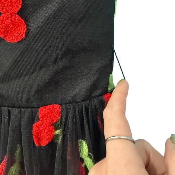 Unique Vintage Collared Sheer Embroidered Black Red Cherry Dress size L 10 12 - Picture 15 of 15